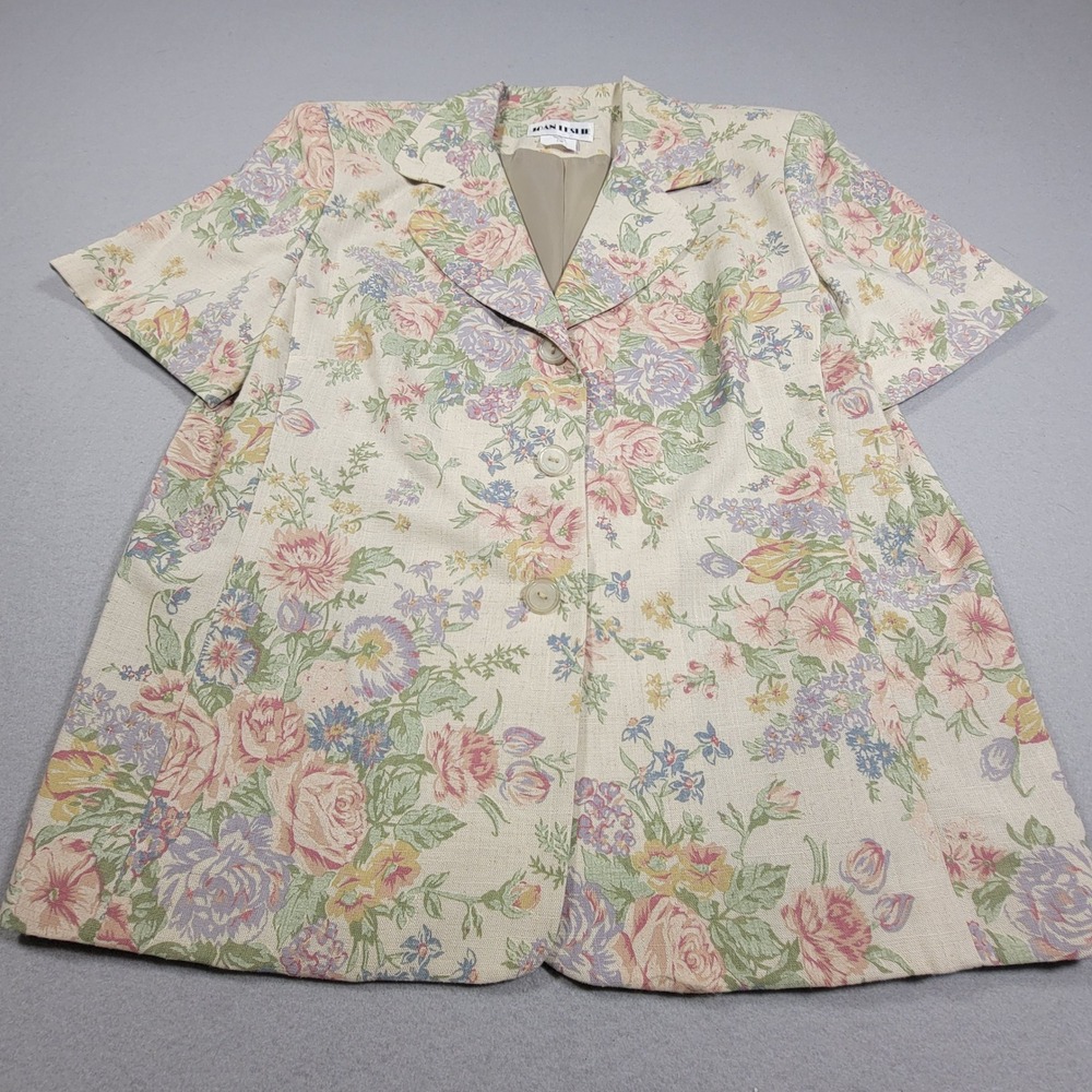 VTG Joan Leslie Floral Blazer 14P Short‎ Sleeve Jacket Linen Blend Made In USA